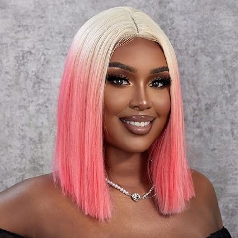Pink Halloween Wig Long Bob Straight Wig Hair Synthetic Lace For Women